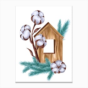 Wooden House with Cotton and Teal Pine Branches Canvas Print