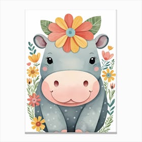 Floral Baby Hippo Nursery Illustration (24) Canvas Print