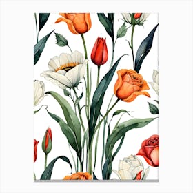 Seamless Pattern With Orange And White Flowers Canvas Print