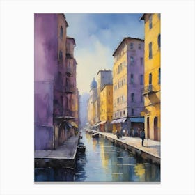 Colored Painting Of A Cityscape,Indigo And Yellow,Purple (26) Canvas Print