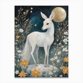 Enchanted ~ Dreamy Fawn Enchanting Woodland Creature Painting With Gold Moon and Florals Canvas Print