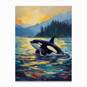 Blue & Orange Orca Whale Oil Painting Style Canvas Print