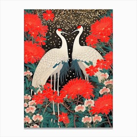 Red Spider Lily And Cranes Vintage Japanese Botanical Canvas Print