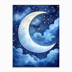 Young moon on starry night sky, watercolor Canvas Print