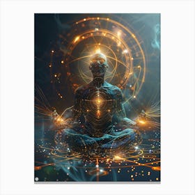 Using Sacred Geometry As Perfect Proportional Radial Circles Generate A Realistic Guru Astral Angel Body Meditating With A Halo And Illuminated Chakras As A Portrait Where The Body Is Composed Of Holographic Manedlebulb 3d Fractal Te Canvas Print