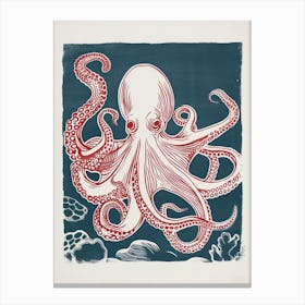 Red Octopus In The Ocean Linocut Inspired  1 Canvas Print