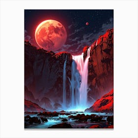 Red Moon And Waterfall Canvas Print