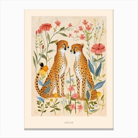 Folksy Floral Animal Drawing Jaguar Poster Canvas Print
