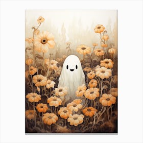 Cute Bedsheet Ghost, Botanical Halloween Watercolour 3 Canvas Print