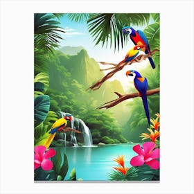 Colorful Parrots In The Jungle Canvas Print