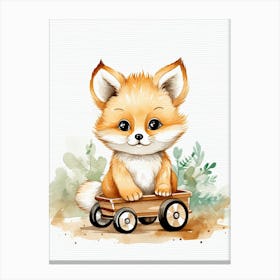 Baby Polar Fox On A Toy Car, Watercolour Nursery 2 Canvas Print