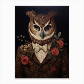 Owl Portrait With Rustic Flowers 1 Canvas Print