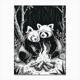 Red Pandas Sitting Together By A Campfire Ink Illustration 1 Canvas Print