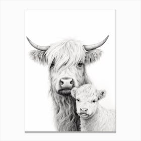 Black & White Illustration Of Highland Cow With  Canvas Print