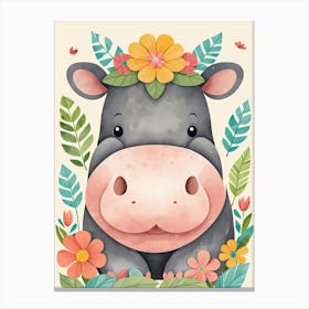 Floral Baby Hippo Nursery Illustration (31) Canvas Print
