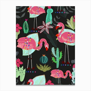 Flamingo And Cactus Canvas Print