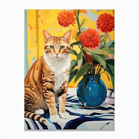 Cymbidium Orchid Flower Vase And A Cat, A Painting In The Style Of Matisse 0 Canvas Print