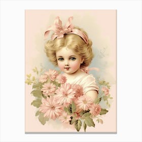 Vintage Pink Flower Girl Illustration Kitsch Canvas Print