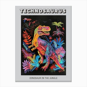 Neon Dinosaur In The Jungle 2 Poster Canvas Print