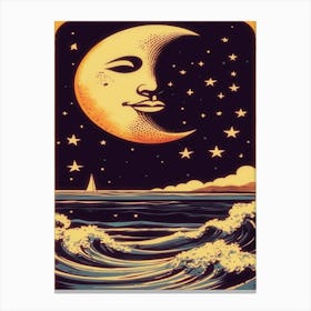 Moon Stars Ocean 1970s Retro Motif Canvas Print