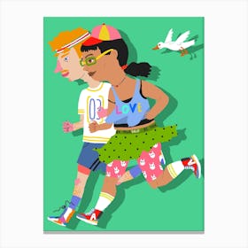 Running Couple With Bird Canvas Print