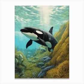 Storybook Style Orca Whale Illustration Underwater, Swimming With Fish Canvas Print