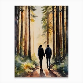 Hiking Couple Walking In The  Red Woods - Romantic Couple Stroll In The Woodland Landscape- Autumn Forest Girlfriend Boyfriend Husband Wide Strolling Through Beautiful Botanical Trees as the Sun Sets - Dreamy Wall Decor Just Newly Married or Dating Love Autumnal Fall Active Traveller Backpacking Duo Gallery Watercolor Painting Scenery Canvas Print