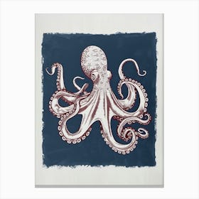 Retro Linocut Octopus With Blue Background 3 Canvas Print