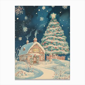 Snow Christmas Tree Gingerbread House Canvas Print