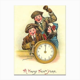 Kids Behind A Watch Celebrating A New Year Canvas Print