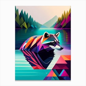 Raccoon Swimming In River Modern Geometric 3 Canvas Print