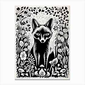 Fox In The Forest Linocut White Illustration 3 Canvas Print