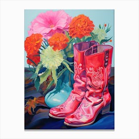 Oil Painting Of Pink And Red Flowers And Cowboy Boots, Oil Style 9 Canvas Print