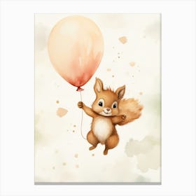 Baby Squirrel Flying With Ballons, Watercolour Nursery Art 2 Canvas Print