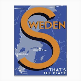 Sweden Map, Travel Poster Canvas Print