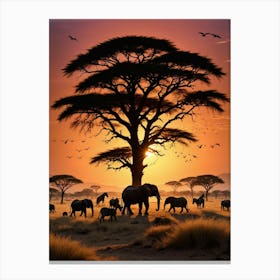 Sunset With Elephants Canvas Print