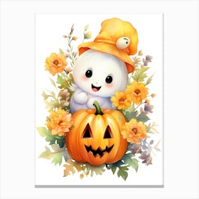 Cute Ghost With Pumpkins Halloween Watercolour 43 Canvas Print