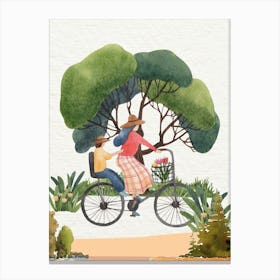 Watercolor Illustration Of A Woman Riding A Bicycle Canvas Print