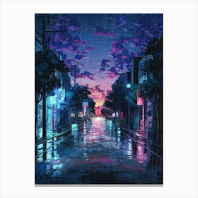 Anime Canvas Art: Vibrant Rainy City Street at Dusk with Neon Reflections, Perfect for Lofi Aesthetic and Urban Night Scene Lovers. Canvas Print