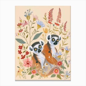 Folksy Floral Animal Drawing Lemur Canvas Print
