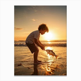 Little Boy Playing With A Fish Canvas Print