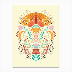 Colorful Moth With Florals On Light Yellow Canvas Print