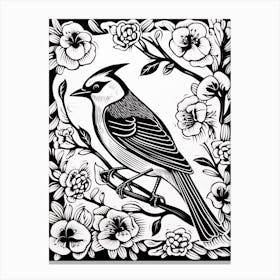 B&W Bird Linocut Cedar Waxwing 1 Canvas Print