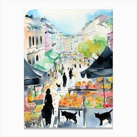 Food Market With Cats In Lisbon 1 Watercolour Canvas Print