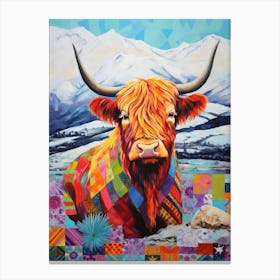 Patchwork Highland Cow With The Snowy Mountains Canvas Print