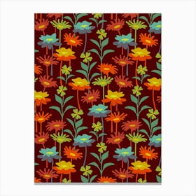 GARDEN MEADOW Floral Botanical Flowers Wildflowers in Warm Sunset Colours on Deep Rust Canvas Print