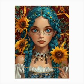 Blue Haired Girl With Sunflowers 1 Canvas Print