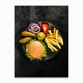 Burger and fries — Food kitchen poster/blackboard, photo art Canvas Print