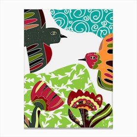 stylized birds and flowers folk art motifs Canvas Print