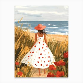 Girl In Red Dress Walking On The Beach Canvas Print